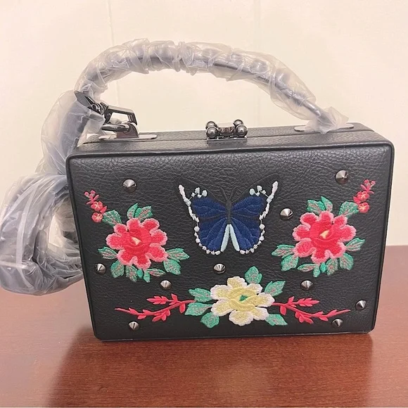 Nasty Gal Black faux leather embroidered Butterfly Flowers studs Crossbody Purse - Picture 4 of 12